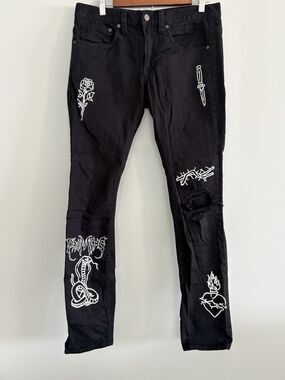 Broken Promises Ultra Slim Stretch Jeans Men's 32 Tattoo Graphic Distressed